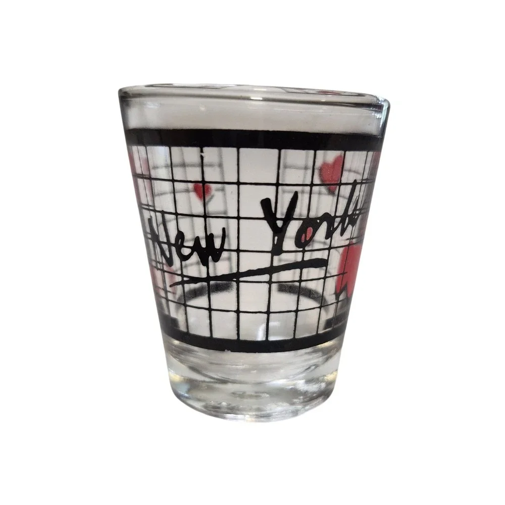 I Love New York Shot Glass Clear Black Red Hearts Grid Souvenir Made in Taiwan‎